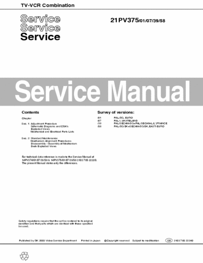 PHILIPS 21PV375 TV+VCR service manual